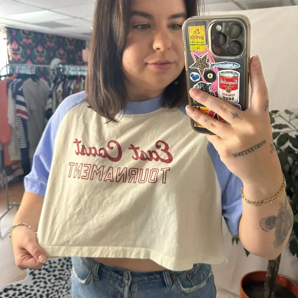 Daily Practice Anthropologie Cropped Baseball Tee Blue White Size XS - Picture 5 of 5